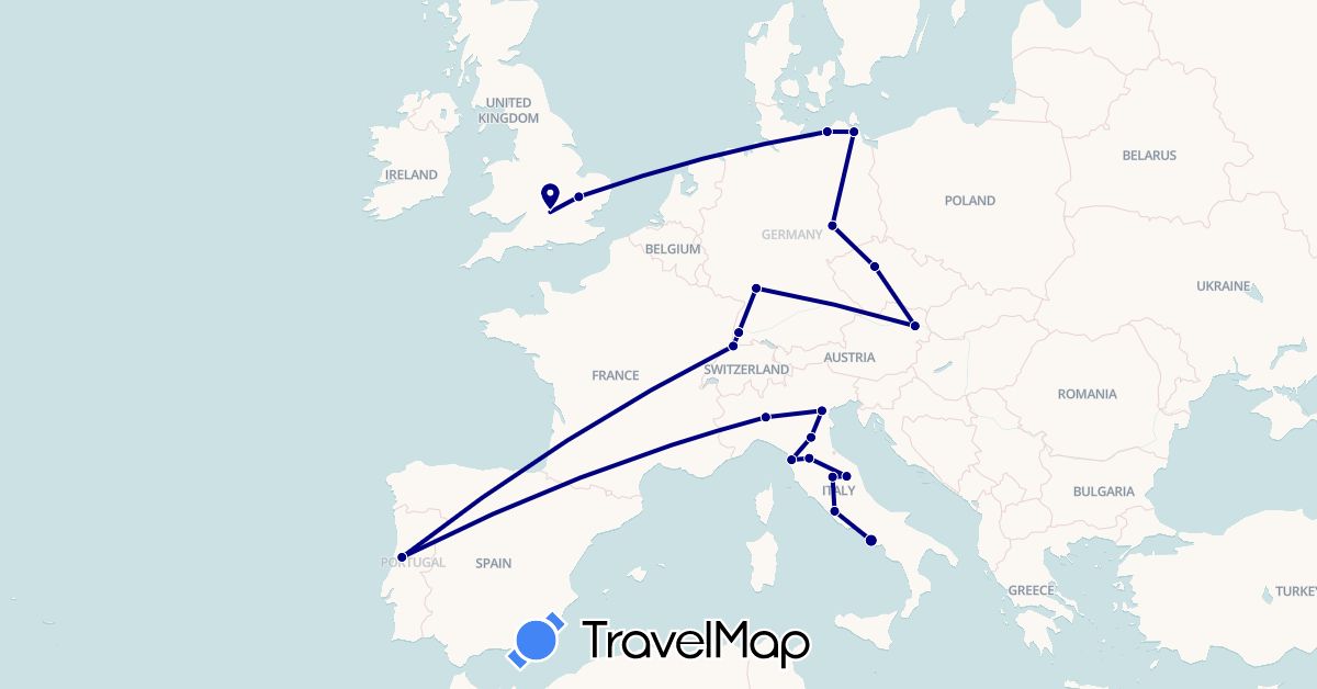 TravelMap itinerary: driving in Austria, Switzerland, Czech Republic, Germany, United Kingdom, Italy, Portugal (Europe)