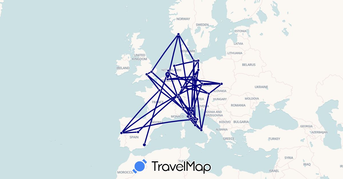 TravelMap itinerary: driving in Austria, Belgium, Switzerland, Czech Republic, Germany, Spain, France, United Kingdom, Italy, Netherlands, Norway, Poland, Portugal (Europe)